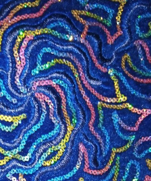 Blue Velvet Fabric With Multi Colour Sequins