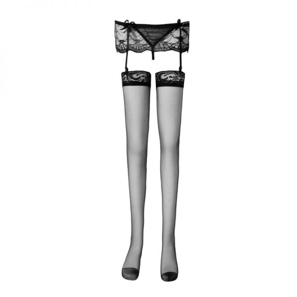 Sheer Thigh High Stockings With Attached Garter Belt - Lace Top, Black/White, One Size